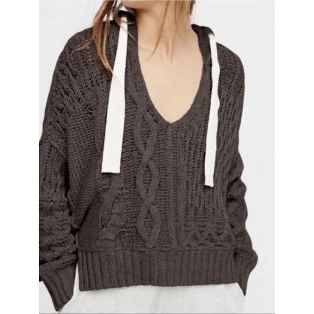 Elan Charcoal Chunky Cable Knit Hooded Sweater M Boho Oversized Fisherman Grunge